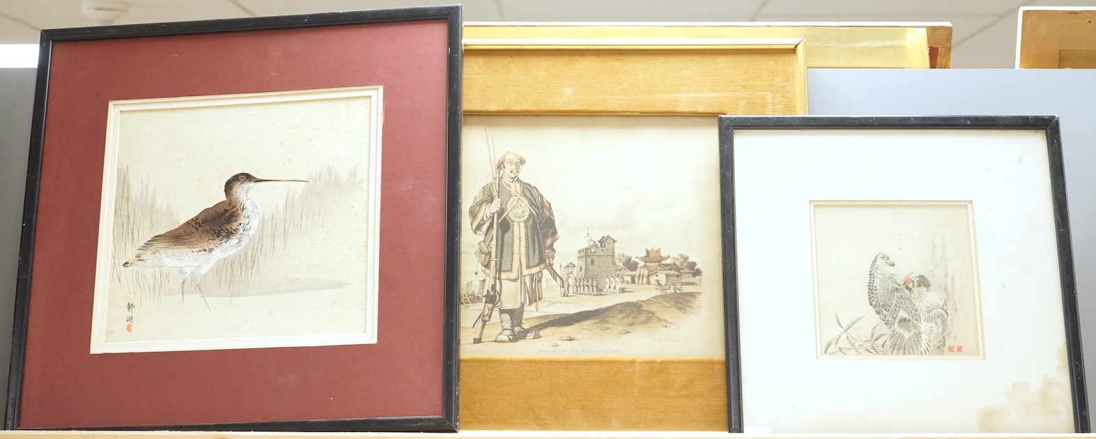 After William Alexander (1767-1816), 'A soldier of Chu-San armed with a matchlock gun', published London January 1st 1804 by W Miller, together with two Chinese School watercolours, Studies of birds, each signed with red